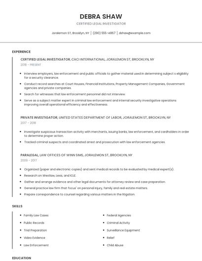 Certified Legal Investigator Resume