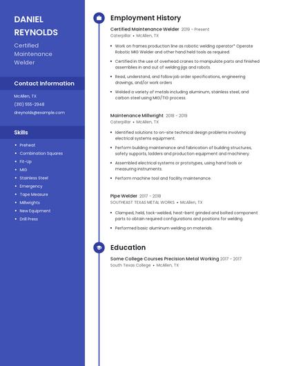 Certified Maintenance Welder Resume