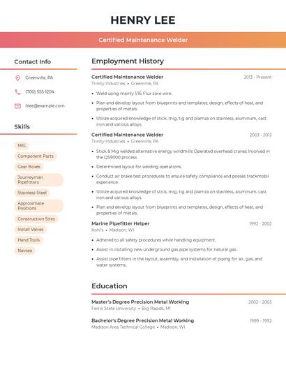 Certified Maintenance Welder Resume