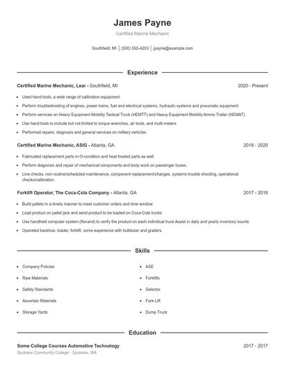 Certified Marine Mechanic Resume