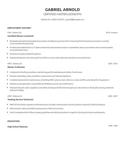 Certified Master Locksmith Resume