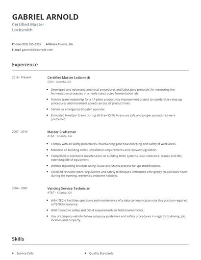 Certified Master Locksmith Resume