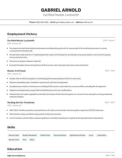 Certified Master Locksmith Resume