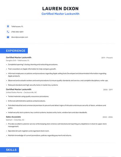 Certified Master Locksmith Resume