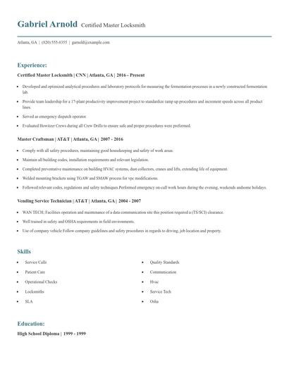Certified Master Locksmith Resume