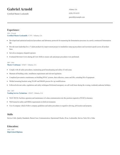 Certified Master Locksmith Resume