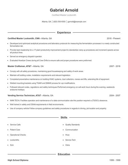 Certified Master Locksmith Resume