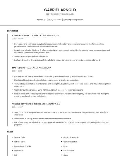 Certified Master Locksmith Resume