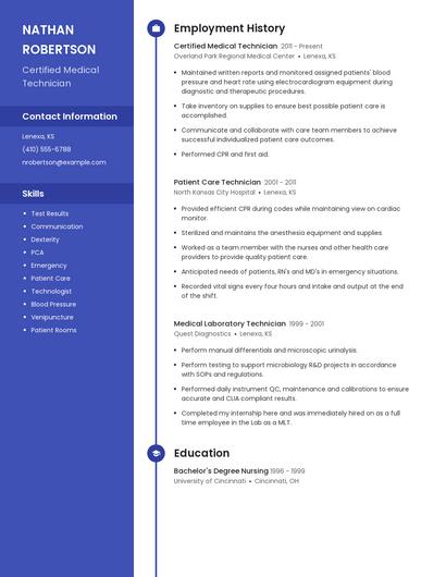 Certified Medical Technician Resume