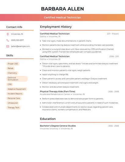 Certified Medical Technician Resume