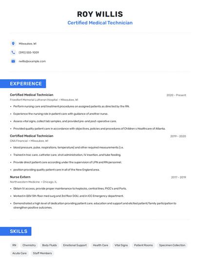 Certified Medical Technician Resume
