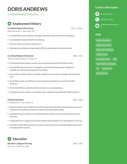 Certified Medical Technician Resume