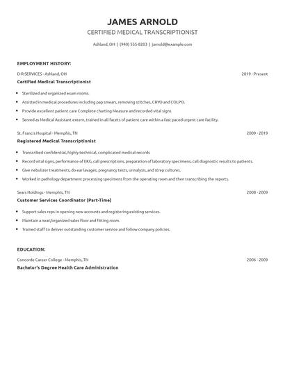 Certified Medical Transcriptionist Resume