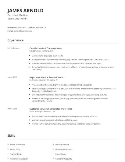 Certified Medical Transcriptionist Resume