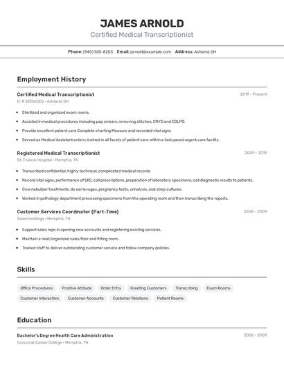 Certified Medical Transcriptionist Resume