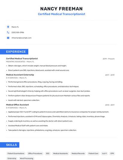 Certified Medical Transcriptionist Resume