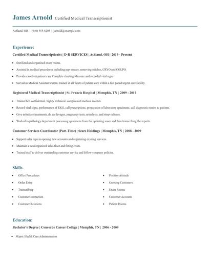 Certified Medical Transcriptionist Resume