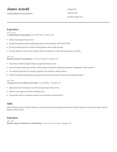 Certified Medical Transcriptionist Resume
