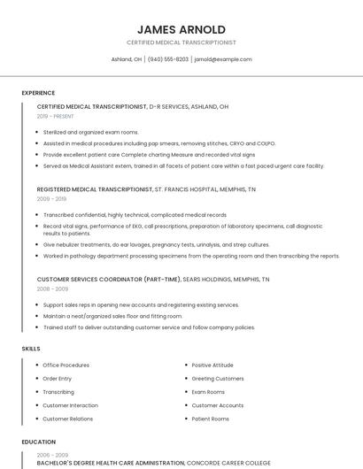 Certified Medical Transcriptionist Resume