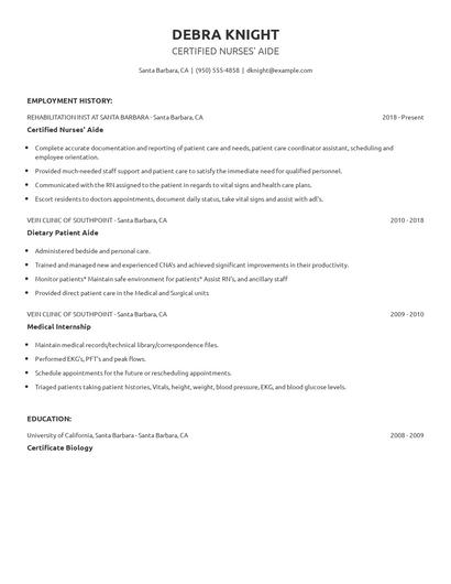 Certified Nurses' Aide Resume