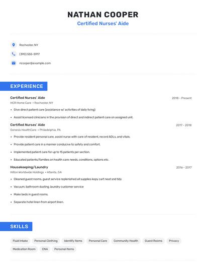 Certified Nurses' Aide Resume