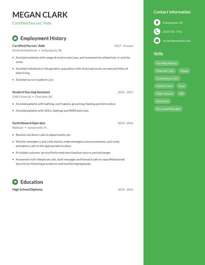 Certified Nurses' Aide Resume