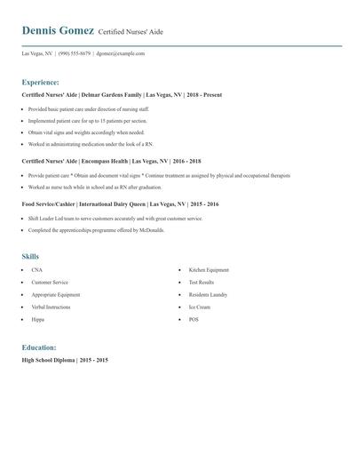 Certified Nurses' Aide Resume