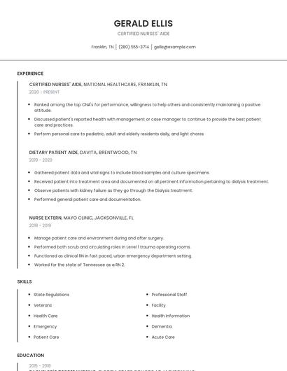 Certified Nurses' Aide Resume
