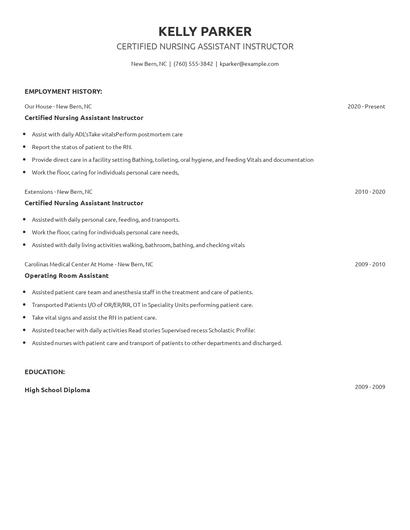 Certified Nursing Assistant Instructor Resume