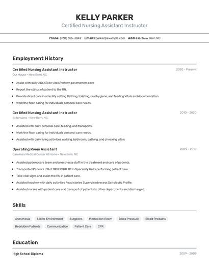 Certified Nursing Assistant Instructor Resume