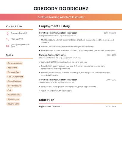 Certified Nursing Assistant Instructor Resume