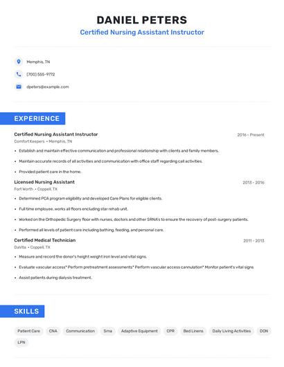 Certified Nursing Assistant Instructor Resume