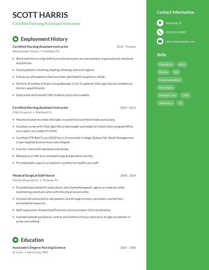 Certified Nursing Assistant Instructor Resume
