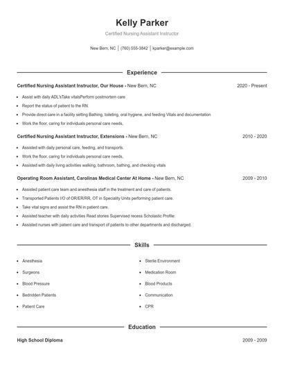 Certified Nursing Assistant Instructor Resume