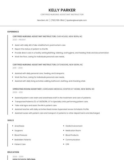 Certified Nursing Assistant Instructor Resume