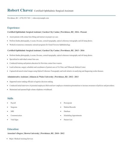 Certified Ophthalmic Surgical Assistant Resume