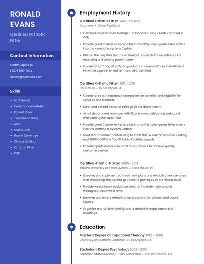 Certified Orthotic Fitter Resume