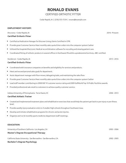 Certified Orthotic Fitter Resume