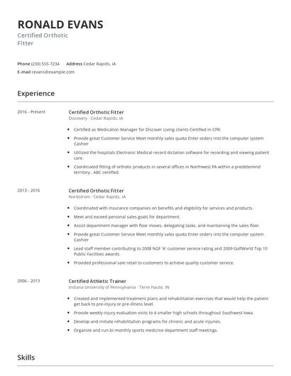Certified Orthotic Fitter Resume