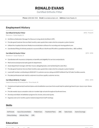 Certified Orthotic Fitter Resume