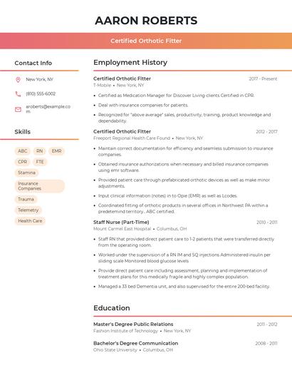 Certified Orthotic Fitter Resume