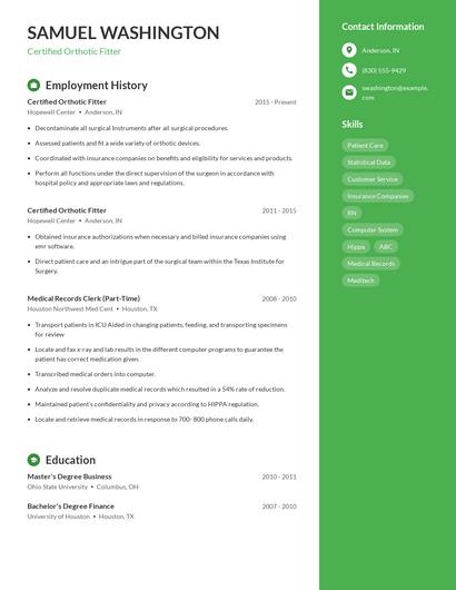 Certified Orthotic Fitter Resume