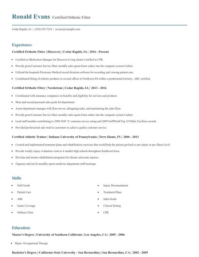 Certified Orthotic Fitter Resume