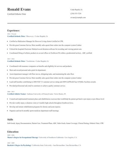 Certified Orthotic Fitter Resume