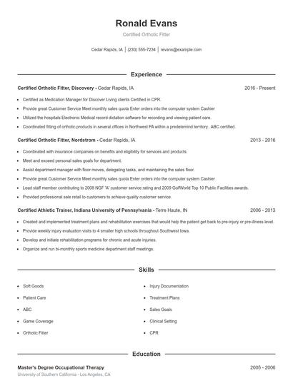 Certified Orthotic Fitter Resume