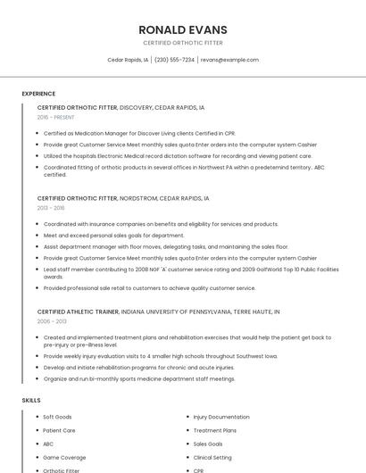 Certified Orthotic Fitter Resume