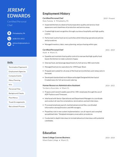 Certified Personal Chef Resume