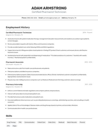 Certified Pharmacist Technician Resume