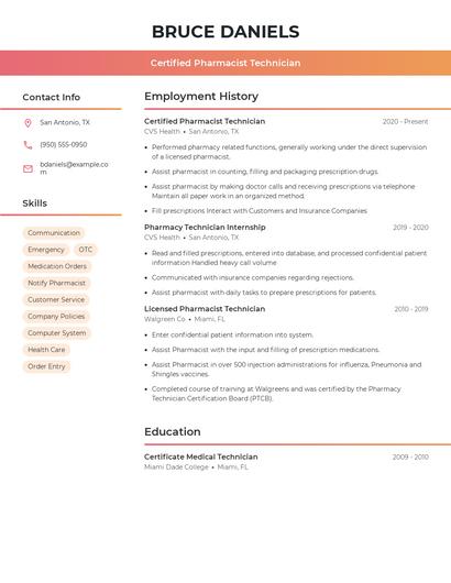 Certified Pharmacist Technician Resume