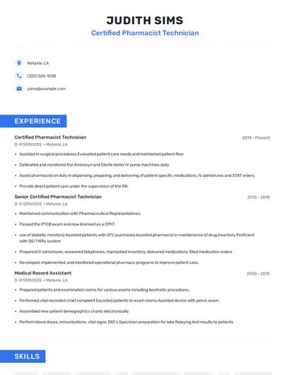 Certified Pharmacist Technician Resume